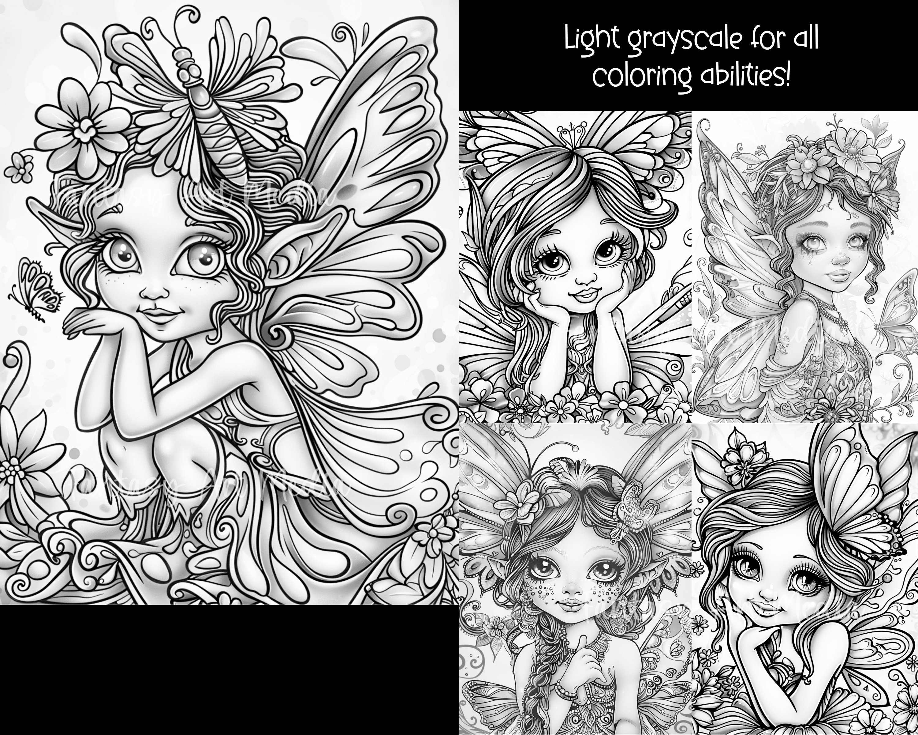 Cute Butterfly Fairies Grayscale Coloring Pages (and Colored Images ...