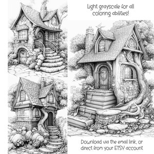 May include: A printable coloring page featuring two illustrations of whimsical stone cottages with intricate details. Both cottages have a stone staircase leading to the front door, surrounded by lush greenery and rocks. The cottages are drawn in a light grayscale, suitable for all coloring abilities.