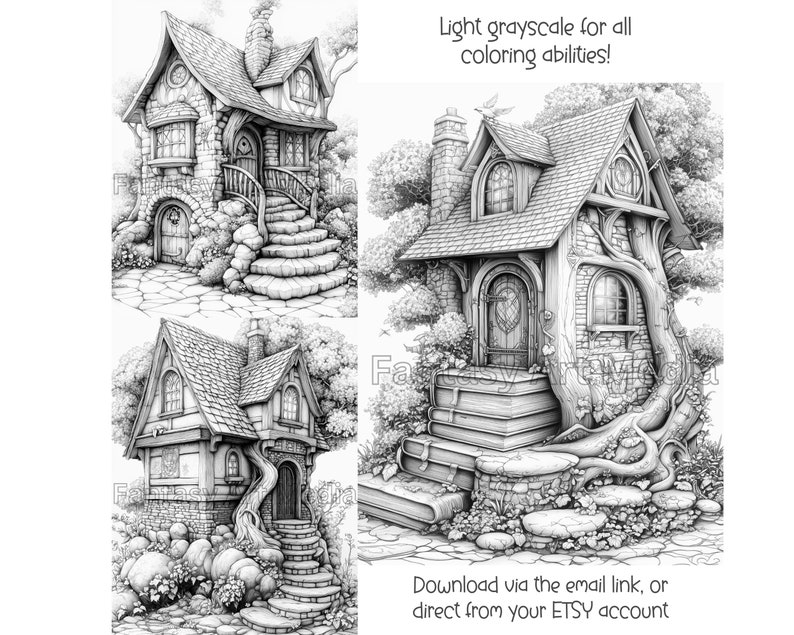 May include: A printable coloring page featuring two illustrations of whimsical stone cottages with intricate details. Both cottages have a stone staircase leading to the front door, surrounded by lush greenery and rocks. The cottages are drawn in a light grayscale, suitable for all coloring abilities.