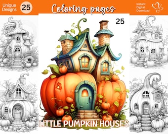 25 Pumpkin House Coloring Pages: Grayscale Autumn Fairy Tale (PDF/JPG)