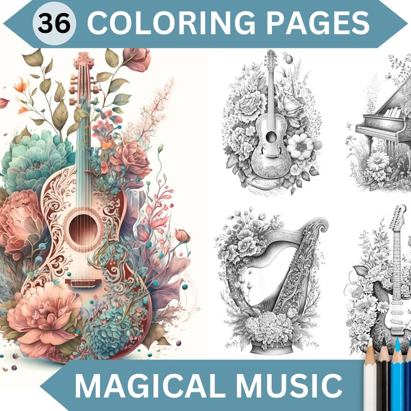 36 "Magic Music" Flowers & Musical Instruments Coloring Pages | Printable Adult Grayscale Coloring Book | Instant Download PDF file