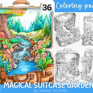 Magical Suitcase Gardens Coloring Pages, Printable Grayscale Adult Floral Fun Fantasy Flowers Cases Book, Instant Download Printable PDF/JPG