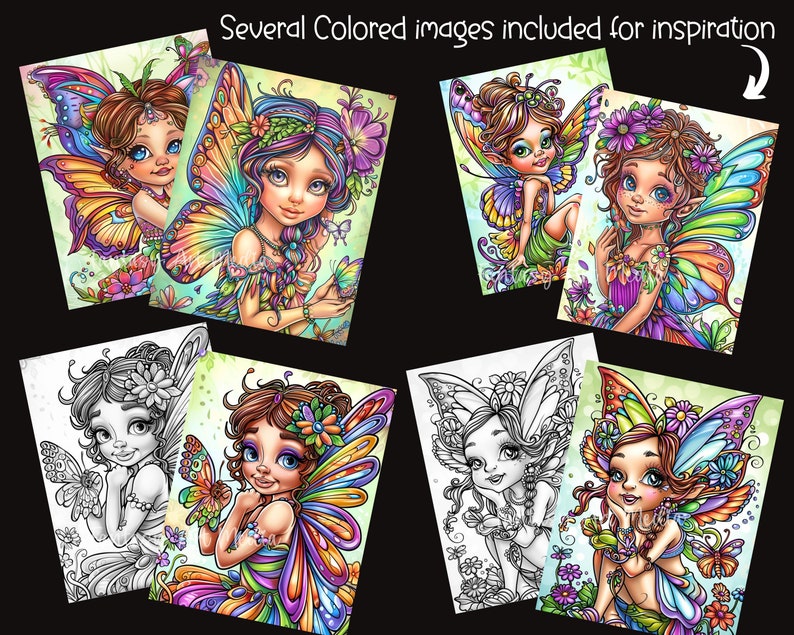 Cute Butterfly Fairies Grayscale Coloring Pages (and Colored Images ...