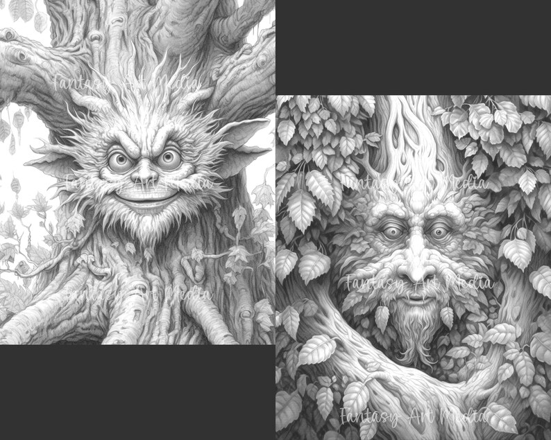 40 Fantasy Tree Creatures Coloring Pages | Printable Adult Grayscale ...