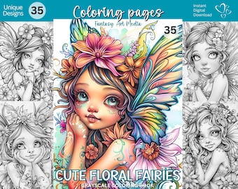 Niedliche Blumen-Feen - Ausmalbilder zum Ausdrucken! Fantasy Printable Elfen Fee Mädchen-Buch, Instant Download JPG / PDF-Datei