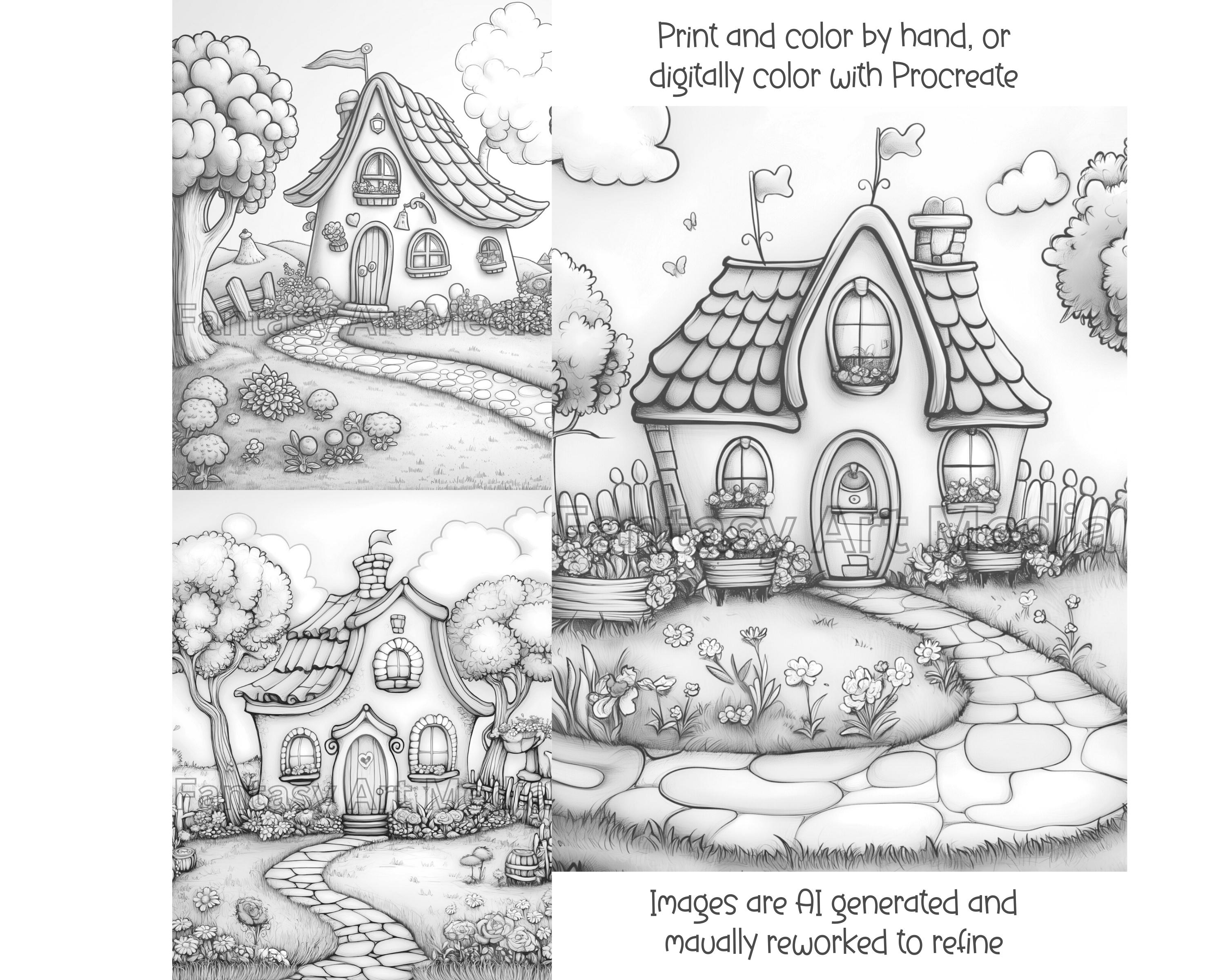 Grayscale Coloring Pages Adorable Cottage Houses Quirky Printable ...