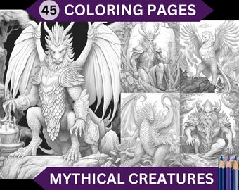 45 Mythical Creatures Grayscale Coloring Pages | Printable Adult Fantasy Animal Coloring Book | Instant Download Printable PDF/ JPG file