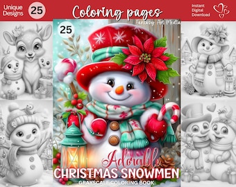 Könnte beinhalten: Ein Malbuch-Cover in Graustufen mit einem fröhlichen Schneemann mit rotem Hut, Schal und Zuckerstange. Der Titel lautet "Adorable Christmas Snowmen". Enthält "25 Unique Designs" und "Instant Digital Download".