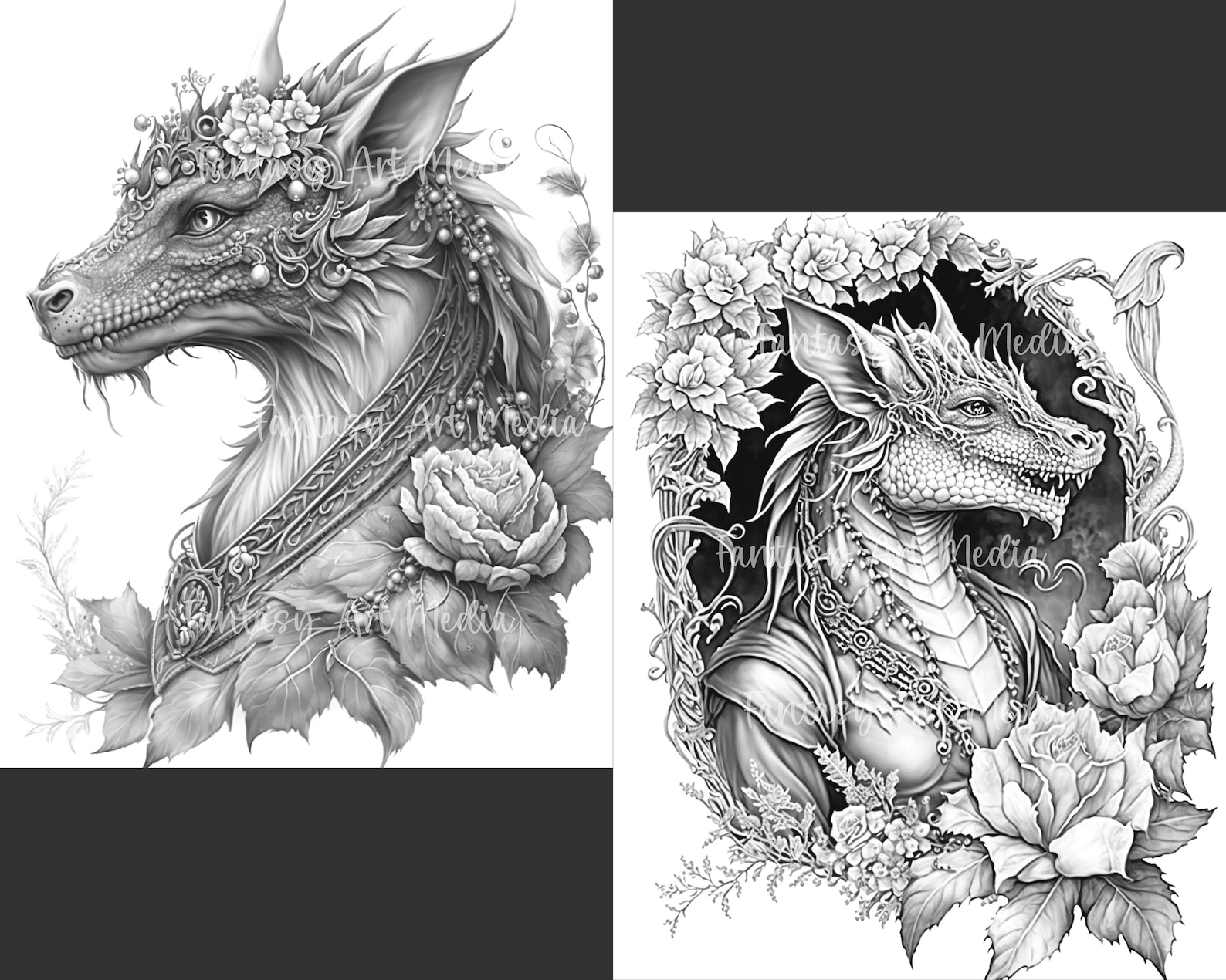 35 Dazzling Dragons Grayscale Coloring Pages | Printable Adult Woman ...