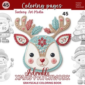 Könnte beinhalten: Ein digitales Malbuch mit dem Titel Adorable Xmas Patchwork von Fantasy Art Media mit 45 einzigartigen Designs. Das Bild zeigt einen zentralen Rentierkopf, umgeben von einem Weihnachtsmann, einem Schneemann, einem Weihnachtsbaum und einem Elf.