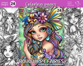Boho Hippy Feen Malvorlagen zum Ausmalen - Farbe inklusive! Spaß Fantasy Blumen Fee Druckbares Buch, Sofort Download JPG/PDF Datei