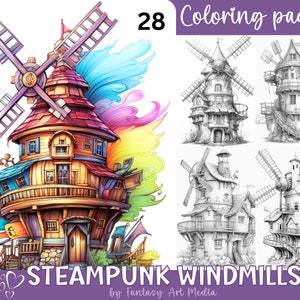 Steampunk Windmills Grayscale Adult Coloring Pages | Printable Whimsical Building & Houses, Instant Download Printable Book PDF/JPG files