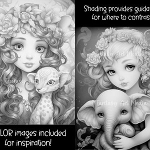 May include: Black and white coloring page featuring two girls with flowers in their hair, each holding a small animal. The text "Shading provides guidance for where to contrast" and "COLOR images included for inspiration!" is included in the image.