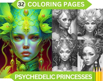 May include: 32 colouring pages featuring psychedelic princesses with intricate details and vibrant colours. The princesses have elaborate headwear and facial features. The colouring pages are perfect for adults and children who enjoy detailed colouring.