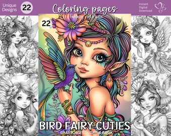 Bird Fairy Cuties Grayscale Coloring Pages - Color images included! Fantasy Animal Printable Elf Fairies Book, Instant Download JPG/PDF file