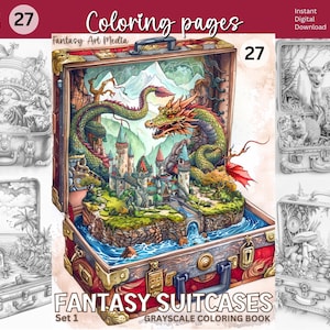 Fantasiekoffers kleurplaten set 1 | Afdrukbaar magisch sprookjeskleurboek in grijstinten voor volwassenen | Directe download van afdrukbaar pdf-/jpg-bestand