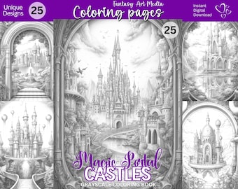 Magic Portal Castles Coloring Pages: Grayscale Fantasy Art (PDF/JPG)