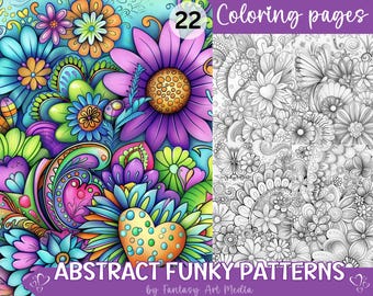 Abstract Funky Patterns Coloring Pages Whimsical Cute Quirky Flowers Printable Adult Zen Grayscale Instant Download Printable PDF/JPG file