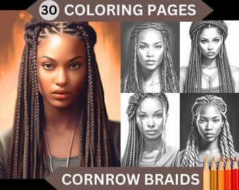 30 Cornrow Braids Grayscale Black Women Coloring Pages | Printable Ladies Adult Coloring Book | Instant Download PDF / JPG file