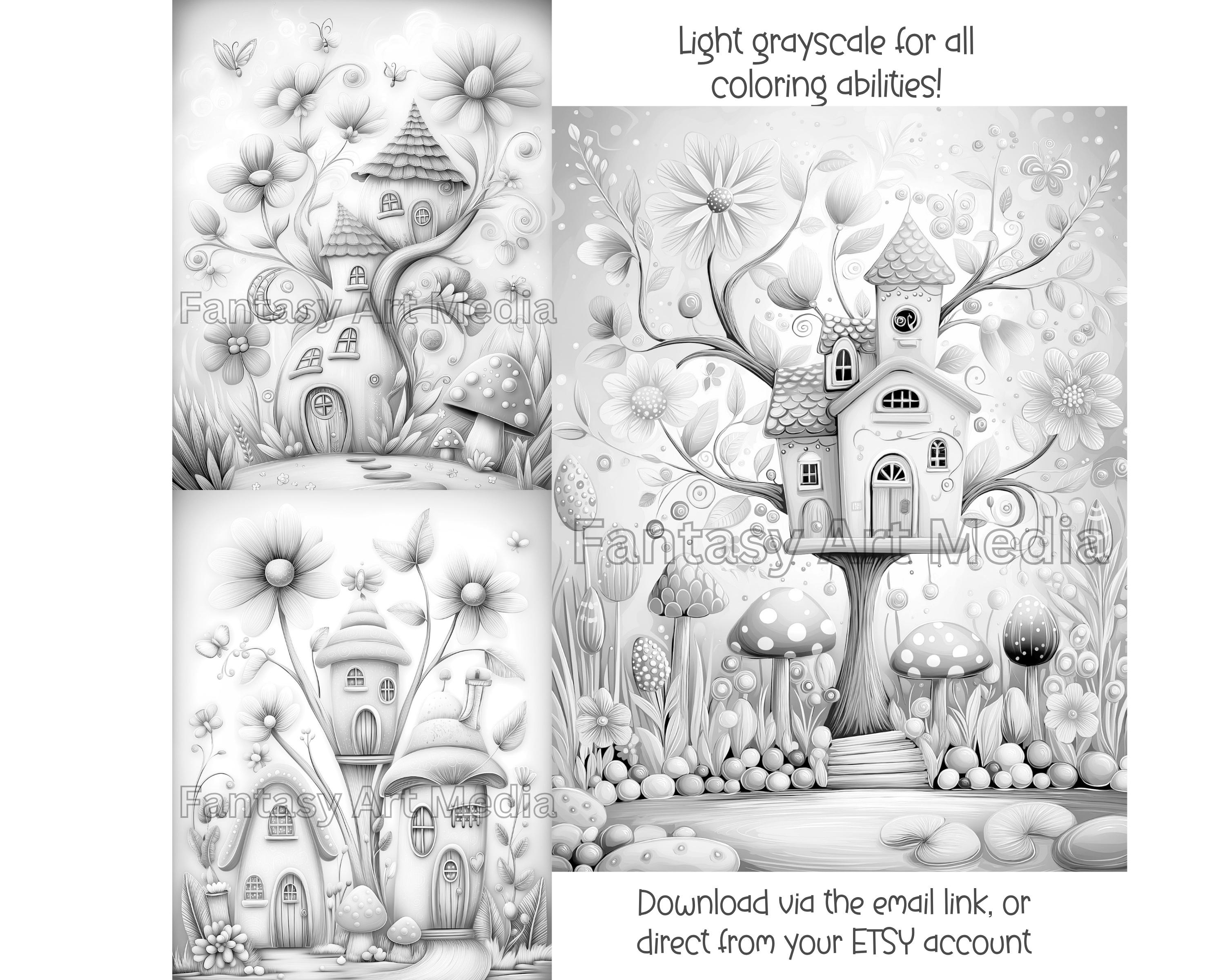 Grayscale Coloring Pages Fantasy Fun Treehouses Whimsical Printable ...