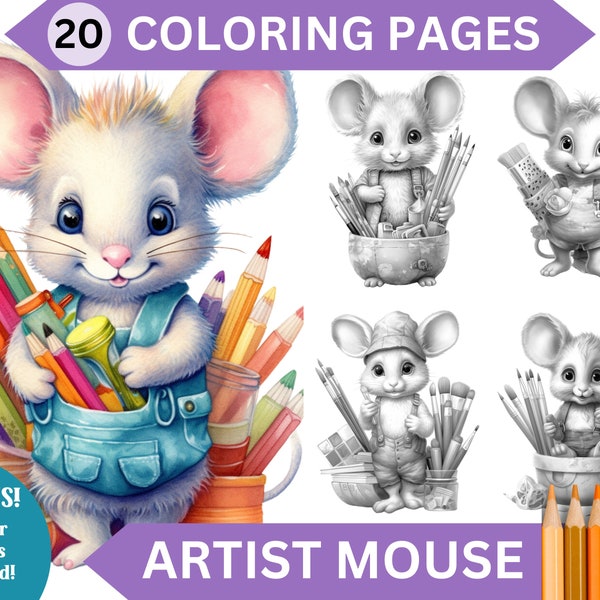 20 Artist Mouse Grayscale Coloring Pages for Adults & Children | Printable pet baby animal Book | Instant Download Printable PDF/JPG files