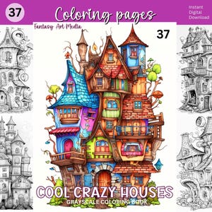 Libro para colorear de casas extravagantes y originales, páginas imprimibles para adultos con arquitectura caprichosa de casas adosadas en escala de grises, descarga instantánea de archivos PDF/JPG imprimibles.
