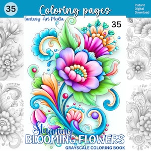 Könnte beinhalten: Ein digitales Malbuch-Cover in Graustufen mit dem Text "Coloring pages" und "Stunning Blooming Flowers". Das Cover zeigt eine lebendige, farbenfrohe Illustration einer Blume mit rosa, lila, orange und blauen Farbtönen. Das Buch enthält 35 einzigartige Designs.