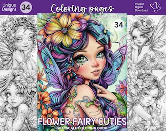 Blumenfee Cuties - Ausmalbilder zum Ausdrucken in verschiedenen Graustufen! Fantasy Printable Elfen Feen Mädchen Buch Sofortiger Download JPG/PDF Datei