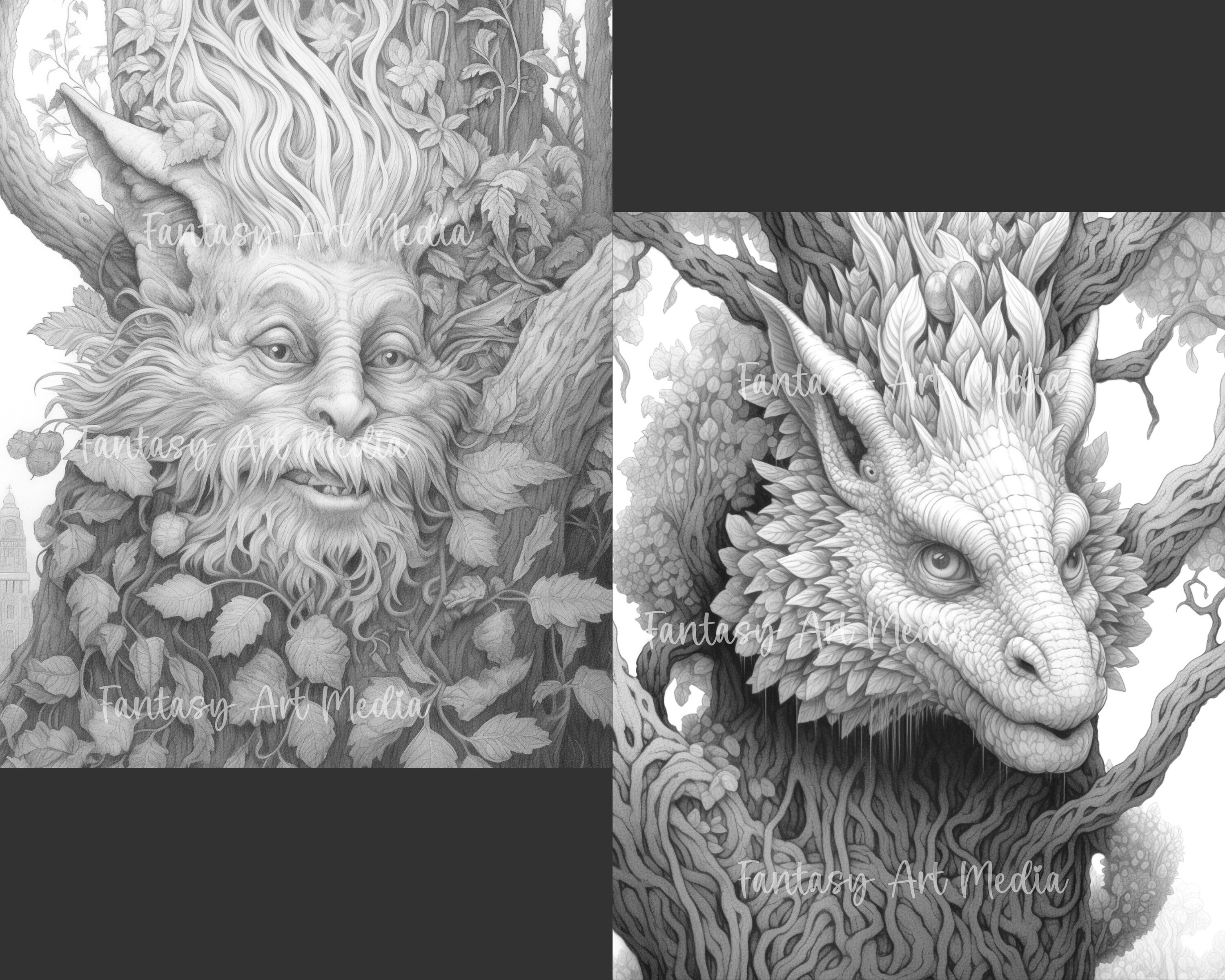 40 Fantasy Tree Creatures Coloring Pages | Printable Adult Grayscale ...