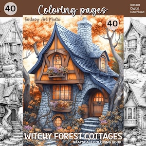 Witchy Forest Cottages Grayscale Coloring Pages, Printable Adult Halloween Book, Seasonal Houses Instant Download Printable PDF/JPG files image 1