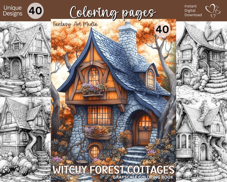 Witchy Forest Cottages Grayscale Coloring Pages, Printable Adult Halloween Book, Seasonal Houses Instant Download Printable PDF/JPG files image 1