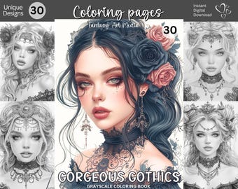 Gorgeous Gothics Grayscale Coloring Pages, Printable Adult Woman Women Beauties Girls Coloring Book, Instant Download Printable PDF/JPG file