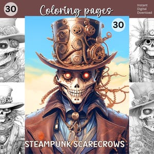 Steampunk Scarecrows Coloring Pages: Spooky Halloween Grayscale (Printable PDF/JPG)