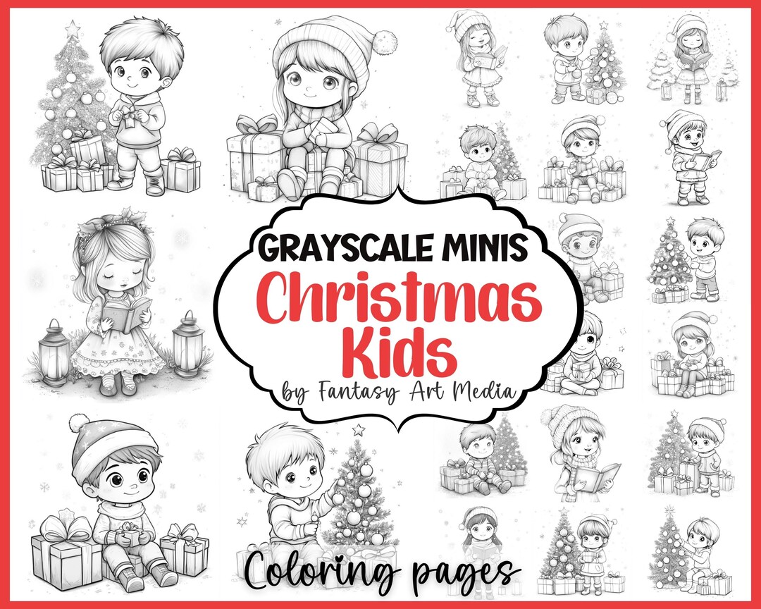 Grayscale Minis "christmas Kids" Coloring Pages, Printable Adult Small ...