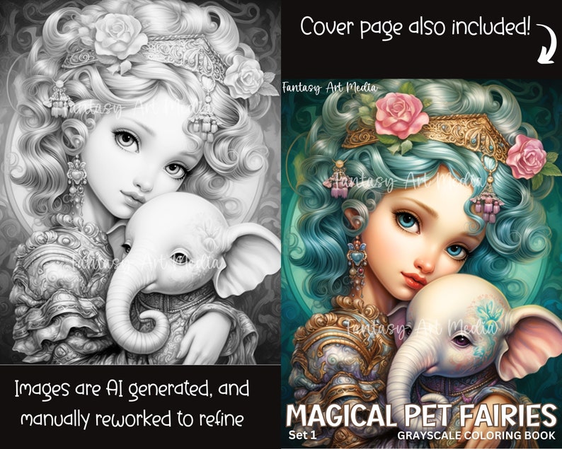 May include: A grayscale coloring book featuring a fairy with blue hair and a white elephant. The book is titled "Magical Pet Fairies" and is part of a set of grayscale coloring books.