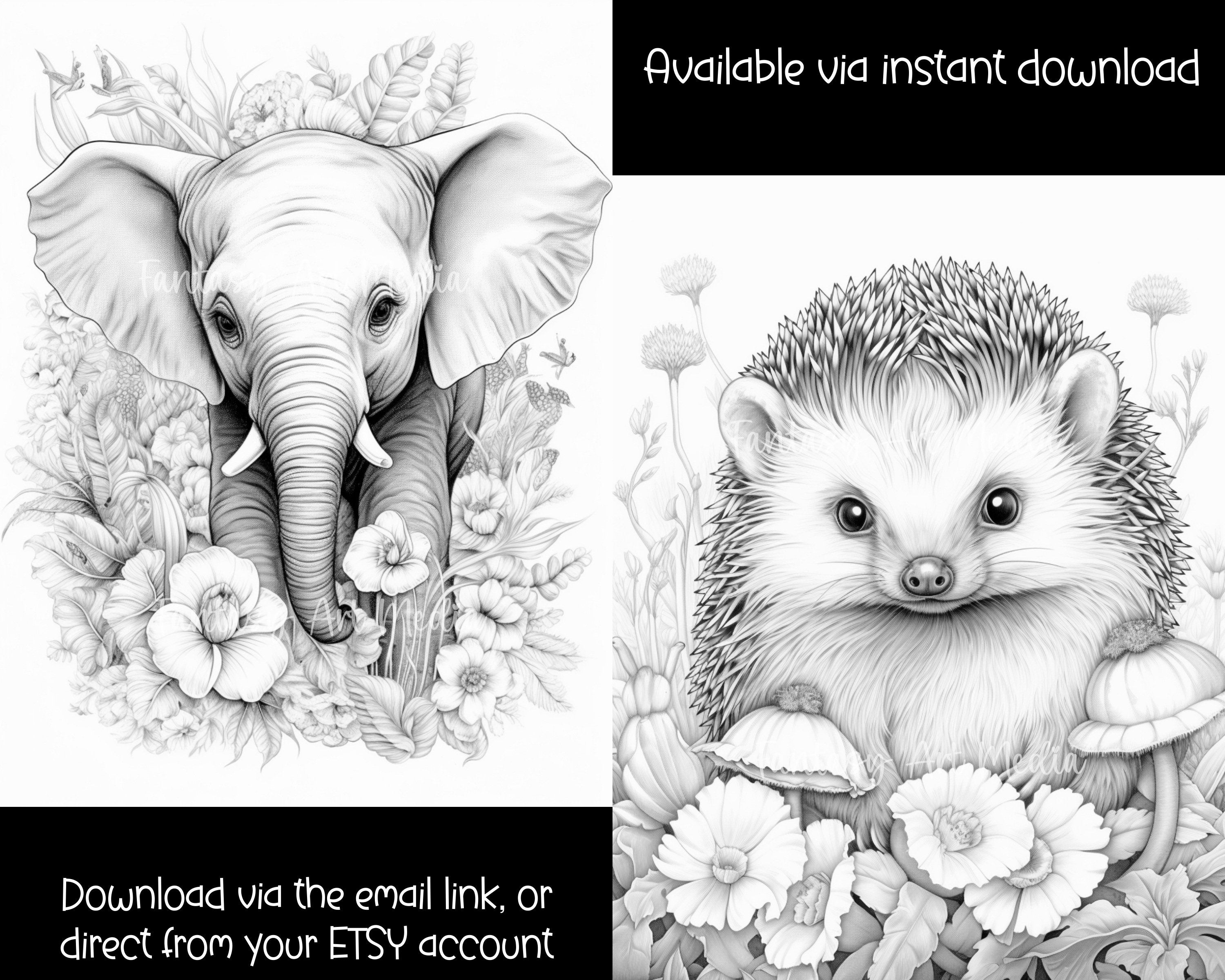 Cute Spring Animals Grayscale Coloring Pages, Printable Adult Floral ...