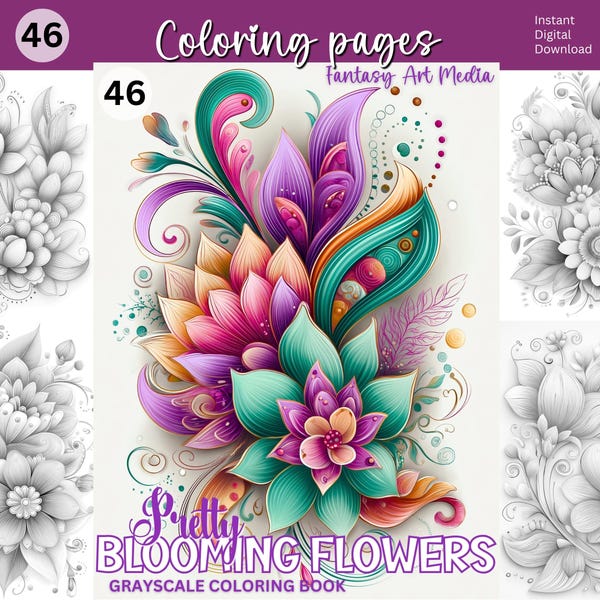 Pretty Blooming Flowers Coloring Pages - Floral Printable Adult Zen Grayscale Instant Download Printable PDF/JPG file