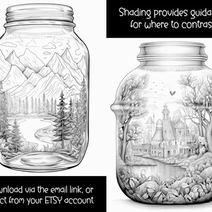 Puede incluir: Dos dibujos en blanco y negro de tarros de vidrio con diferentes escenas en su interior. El primer tarro muestra una cordillera con un lago y &aacute;rboles. El segundo tarro muestra un peque&ntilde;o pueblo con un r&iacute;o y &aacute;rboles. El texto "Shading provides guidance for where to contrast" est&aacute; escrito sobre el segundo tarro.