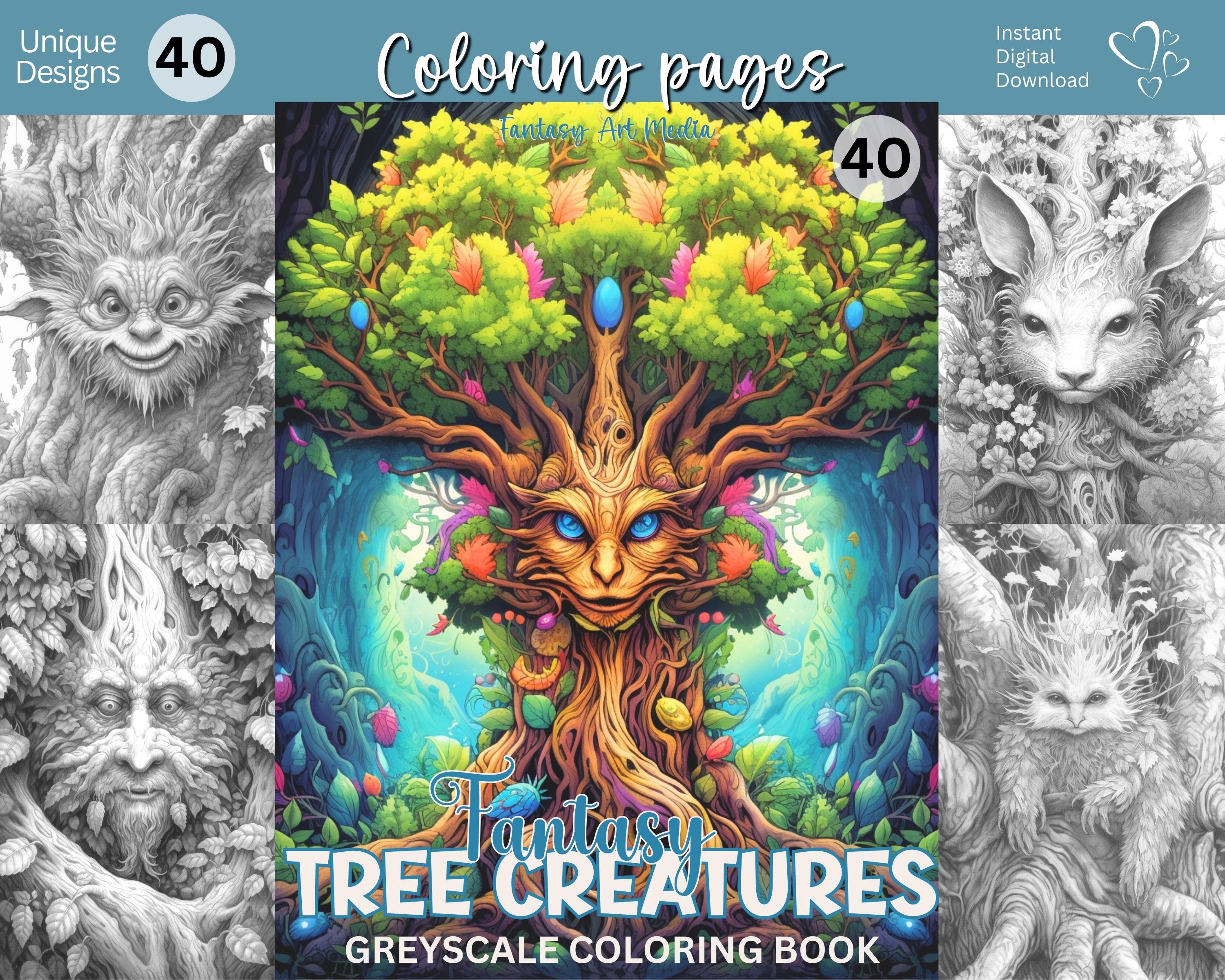 40 Fantasy Tree Creatures Coloring Pages | Printable Adult Grayscale ...