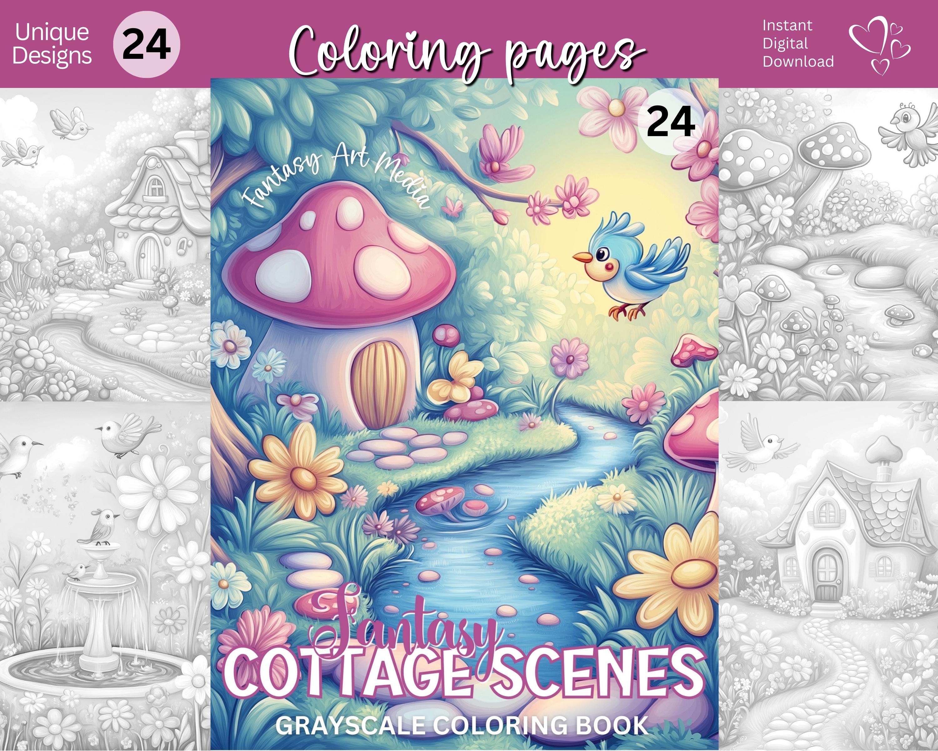 Grayscale Coloring Pages Fantasy Cottage Scenes Quirky Printable ...