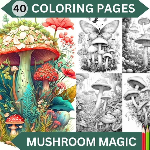 40 Mushroom Magic Coloring Pages | Printable Adult Grayscale Coloring Book | Instant Download Printable JPG / PDF file