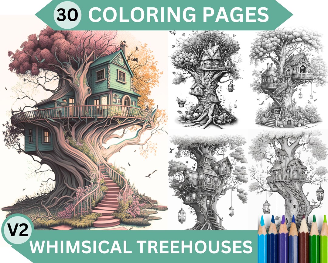 30 Whimsical Treehouse Coloring Pages (vol2) | Printable Adult