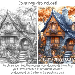 May include: A grayscale coloring book cover featuring a stone cottage with a blue roof, surrounded by trees and flowers. The title of the book is "Witchy Forest Cottages: Grayscale Coloring Book".
