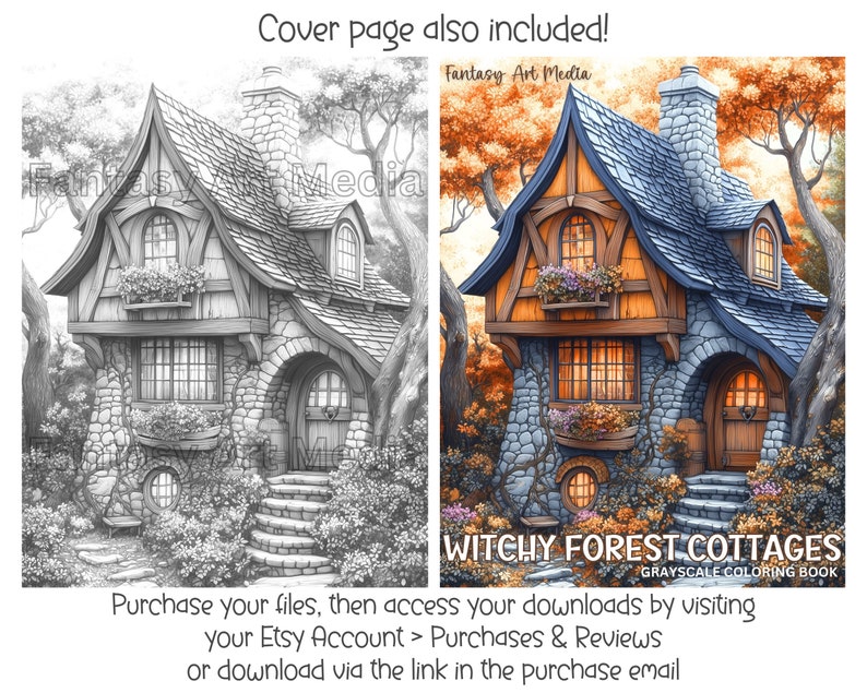 May include: A grayscale coloring book cover featuring a stone cottage with a blue roof, surrounded by trees and flowers. The title of the book is "Witchy Forest Cottages: Grayscale Coloring Book".