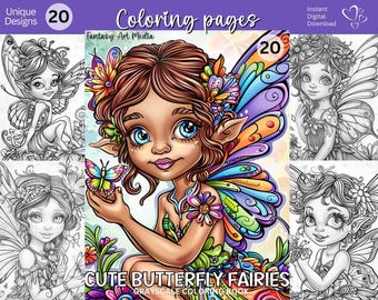Cute Butterfly Fairies Grayscale Coloring Pages (and Colored images!) Fun Fantasy Floral Printable Fairy Book, Instant Download JPG/PDF file