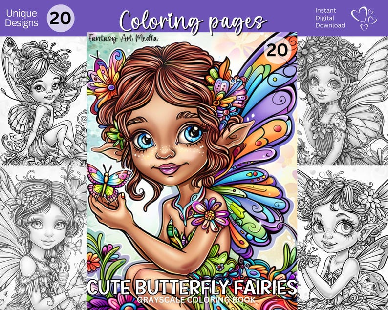 Cute Butterfly Fairies Grayscale Coloring Pages (and Colored Images ...