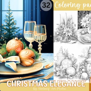 Christmas Elegance Coloring Pages, 32 Printable Adult Grayscale Xmas Decorations Colouring Book, Instant Download Printable PDF/JPG files