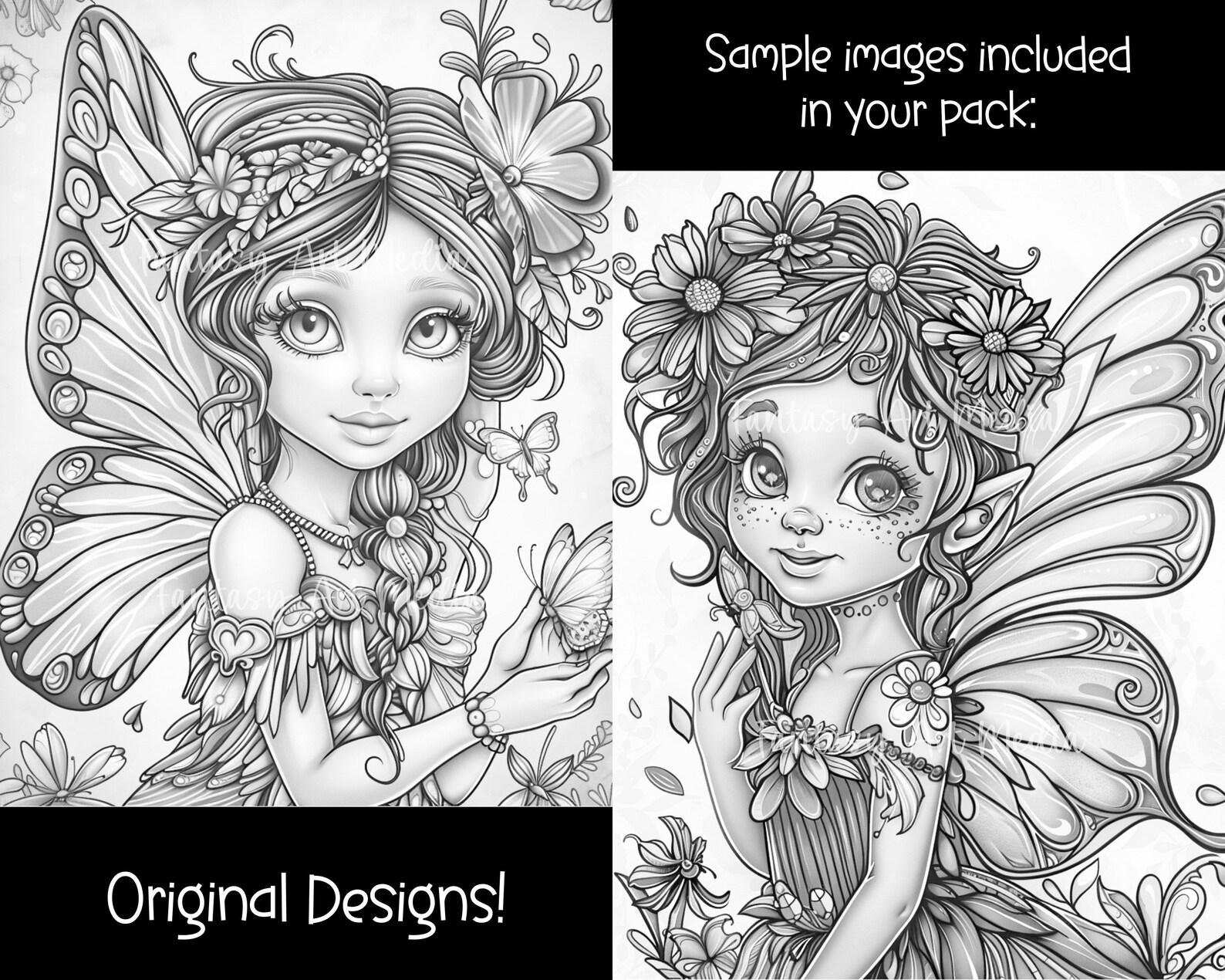 Cute Butterfly Fairies Grayscale Coloring Pages (and Colored Images ...