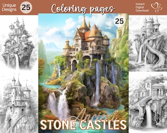 Ancient Stone Castles Coloring Book: 25 Grayscale Pages (PDF/JPG)