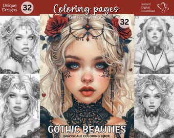 Gothic Beauties Grayscale Coloring Pages, Printable Adult Woman Girls Fantasy Coloring Book, Instant Download Printable PDF/JPG file